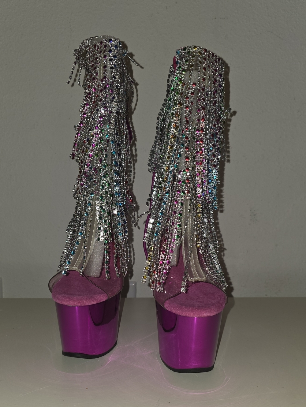Pleaser Heels, NEVER WORN. Fuchsia Platform Fringe Rhinestone Heeled Sandals